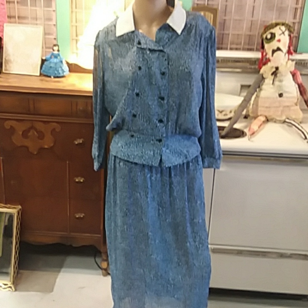 VTG 80's 2pc Blue Leapord Print Skirt & Top